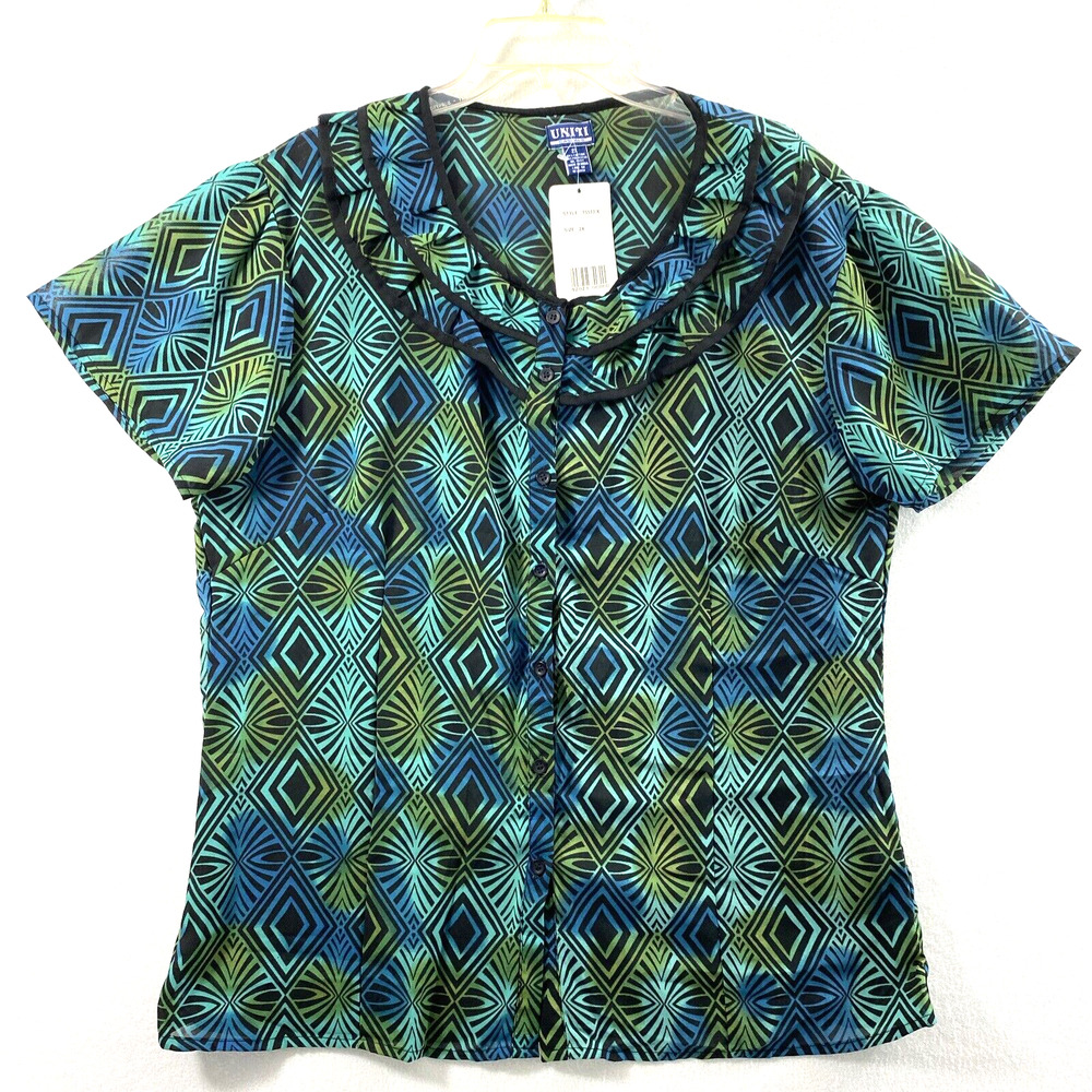 Uniti Sheer Top Womens Plus 2X Blue Black Print Button‎ Up Ruffle Neck Blouse